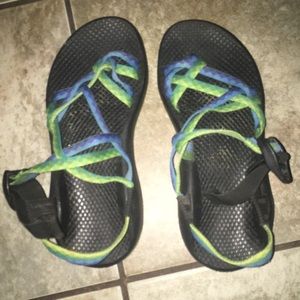 Chaco’s blue green and yellow with green bottoms